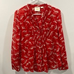Anthropologie Maeve Pintucked Buttondown Cat Cheetah Top Blouse red Size 4